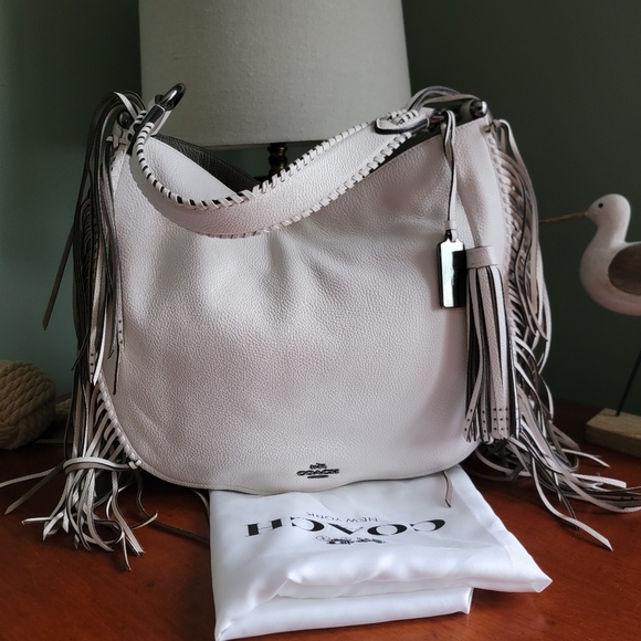 Coach Nomad Fringe Hobo Chalk White Pebbled Leather & Gunmetal Hardware #37717 - Picture 1 of 16